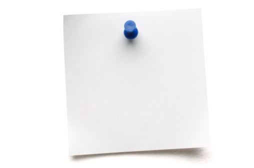 Blank note paper with blue push pin, isolated on white