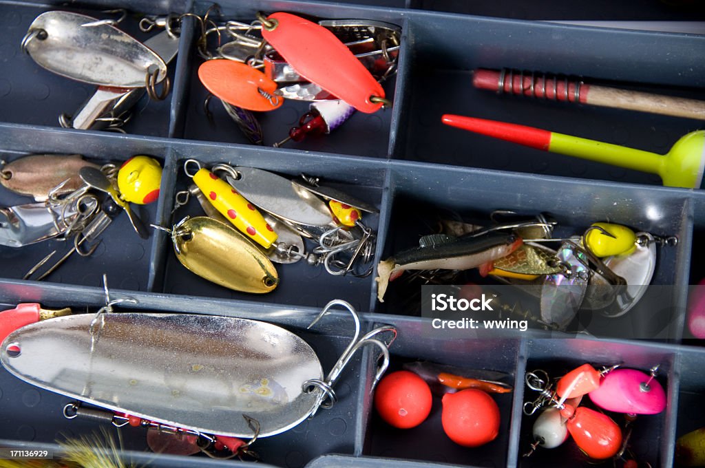 Caja de pesca atrae - Foto de stock de Anzuelo de pesca libre de derechos