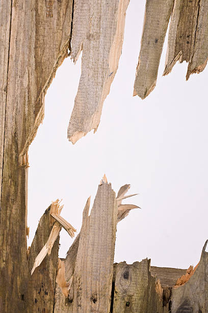 A broken fence panel with a white background, ideal for using something or someone pushing through.