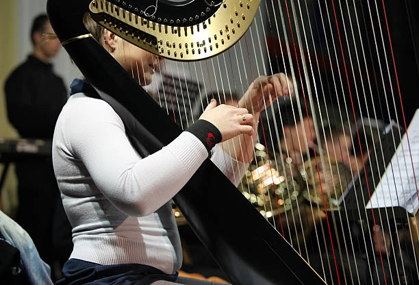 istock Harpist playing at concert...orchestra in the back 171137182