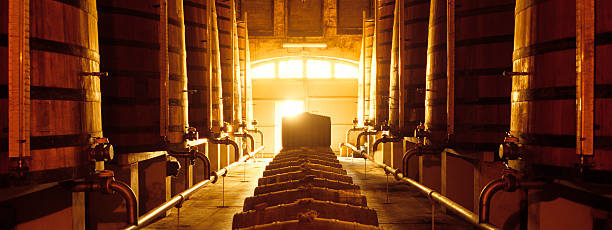 Winecellar A view of large barrels or vats of wine in a French wine cellar.Located in Cognac, Charente. cognac region photos stock pictures, royalty-free photos & images