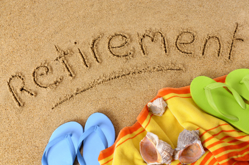 Beach background with towel and flip flops and the word Retirement written in sand.  Alternative version of this file shown below: