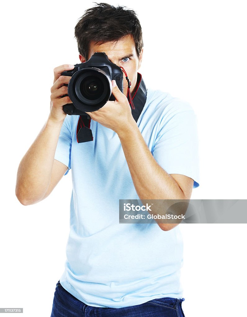 Jovem clicando foto da câmera - Foto de stock de Homens royalty-free