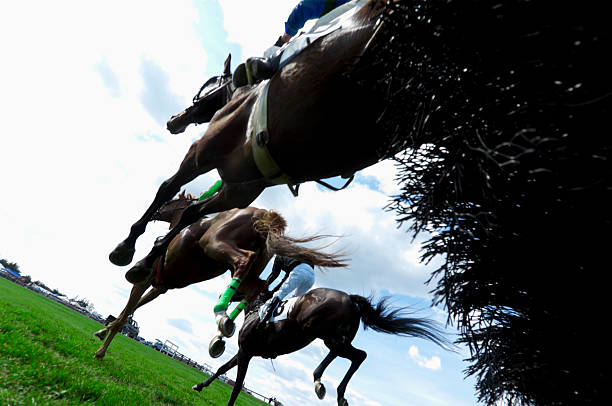 vista de ángulo bajo de carreras de caballos-steeplechase - caballo saltando fotografías e imágenes de stock