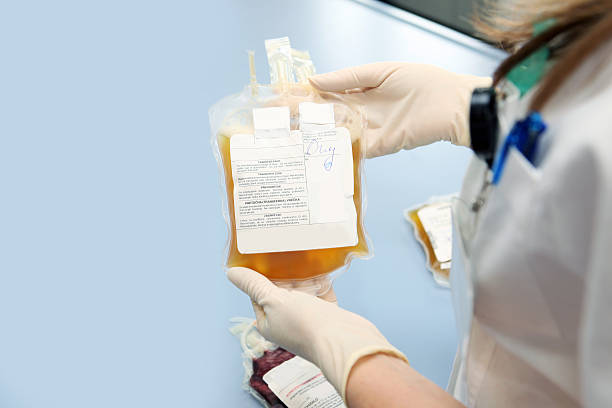 Doctor in a blood bank holding bag with white cells Doctor in a blood bank is holding blood bag with red blood cells blood plasma stock pictures, royalty-free photos & images