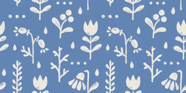 Vector illustration of Vector vintage floral seamless pattern in scandinavian style. Retro seamless pattern with grunge flowers and berries.