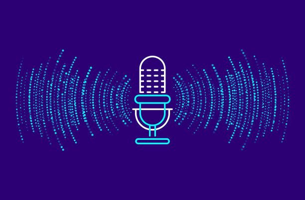 koncepcja podcastu. mikrofon z falą nagrywania głosu. technologia przyszłości - wallpaper sample ilustracje stock illustrations