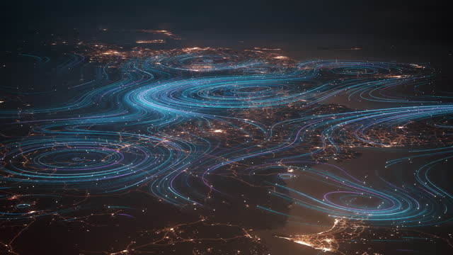 Glowing Light Trails Over Asia - Data Flow, Connections, Innovation, Technology