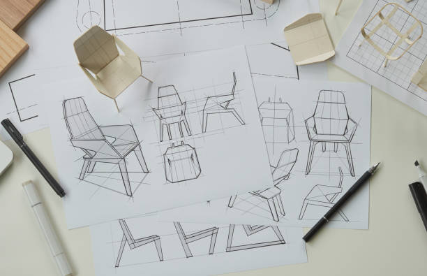 istock Designer sketching drawing design development product plan draft chair armchair Wingback Interior furniture prototype manufacturing production. designer studio concept . 1711403129