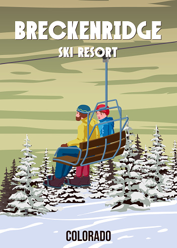 Vintage Travel poster Ski Breckenridge resort. America Colorado winter landscape travel view, bench ski lift on the snow mountain, retro. Vector illustration