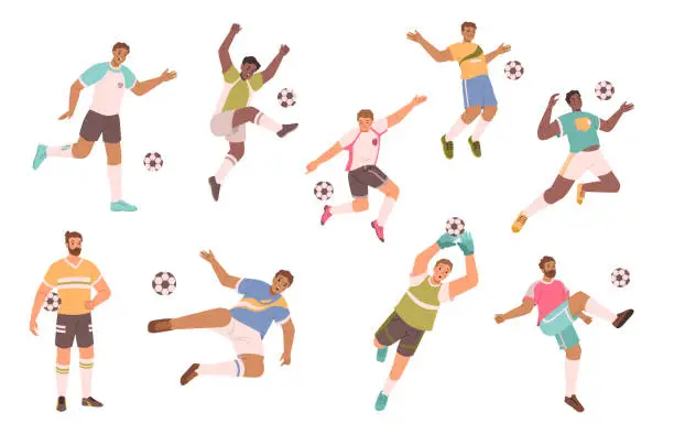 Vector illustration of Cartoon soccer football players flat vector illustration. Sportsman with ball, people playing sport game. Athlete goal and kick, action and workout. Running guy competition, outdoor play activity