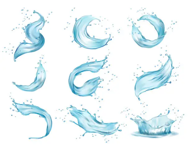 Vector illustration of Water crown splashes and wave swirl with drops, realistic design. Vector clear aqua falling or pour with air bubbles. Blue liquid splashing fluids with droplets, isolated fresh drink 3d elements