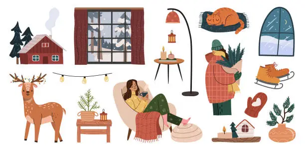 Vector illustration of Merry Christmas and Happy New Year winter cozy items and people set. Vector illustration of winter holidays home, big window and reindeer, lamp and male with fur tree, woman resting in armchair