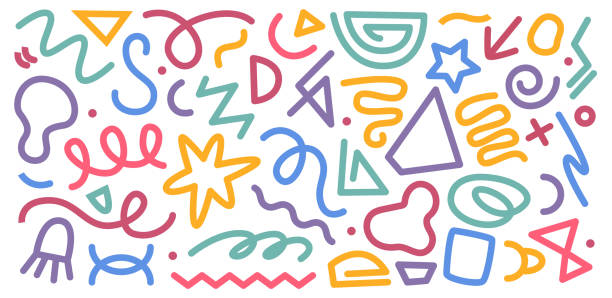 ilustrações de stock, clip art, desenhos animados e ícones de colored various geometric hand drawn shapes, fun doodle line arrows set. crown and lightning, lattice and squiggles. vector geometric figures and objects. abstract trendy banner and textures - stroke paint circle stroking