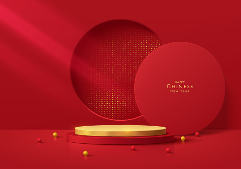 Red, gold cylinder pedestal podium 3D background with glitter in circle window. Chinese new year theme. Minimal mockup product display presentation, Stage showcase. Platforms vector geometric design.