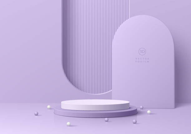istock Abstract realistic purple and white 3D cylinder pedestal podium background with arch gate wall scene. Minimal mockup or product display presentation, Stage showcase. Platforms vector geometric design. 1711411824