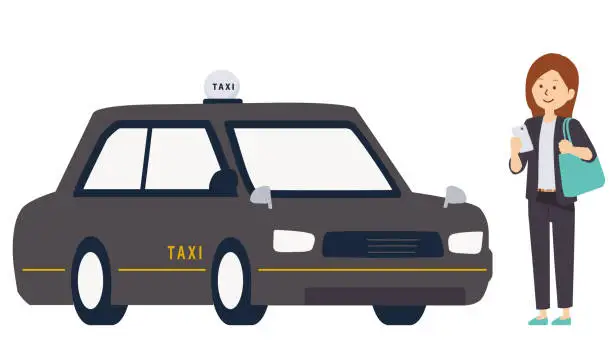 Vector illustration of Illustration of an office worker calling a cab with a smartphone app