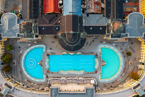 Budapest, Hungary - Aerial top down view about the Szechenyi thermal bath next to City park.