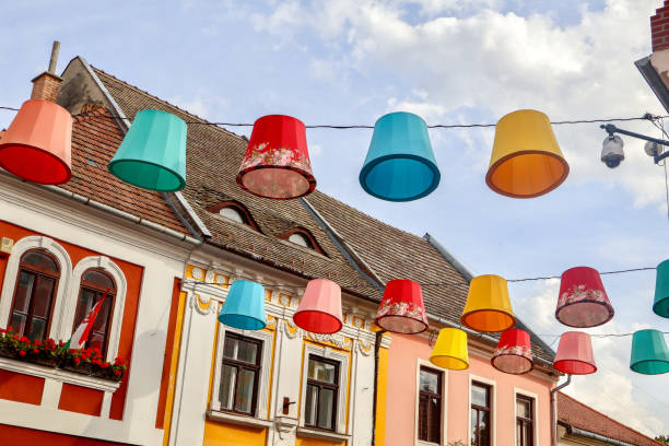 Picture of the colourful lamp caps in Szentendre, Hungary