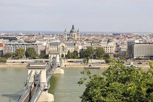 View of the Széchenyi Chain Bridge and St. Stephen's Basilica in Budapest, shot from Royal Palace Budapest