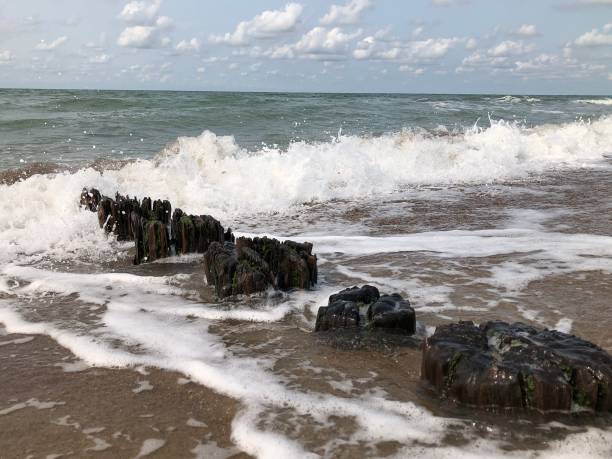 Sea surf on the beach Waves breaks at wood barriers at the beach north sea waves stock pictures, royalty-free photos & images