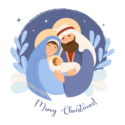 Holy Family. Merry Christmas card. Virgin Mary, saint Joseph and baby Jesus Christ. Birth of Savior. Holy Night. Vector illustration in cartoon flat style for Xmas holiday design, decor, postcards