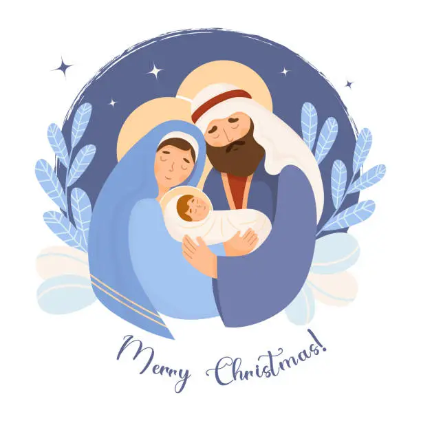 Vector illustration of Holy Family. Merry Christmas card. Virgin Mary, saint Joseph and baby Jesus Christ. Birth of Savior. Holy Night. Vector illustration in cartoon flat style for Xmas holiday design, decor, postcards.