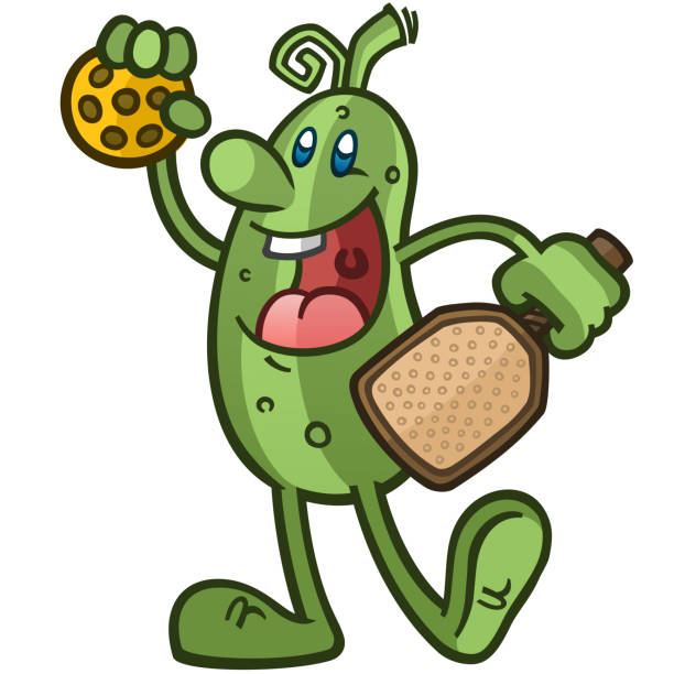 Crazy goofy pickleball cartoon mascot posing and shouting happily Silly pickle cartoon mascot character with a goofy look on his face holding a pickleball and a paddle with a big toothy grin on his face and kicking his toes up table tennis funny stock illustrations