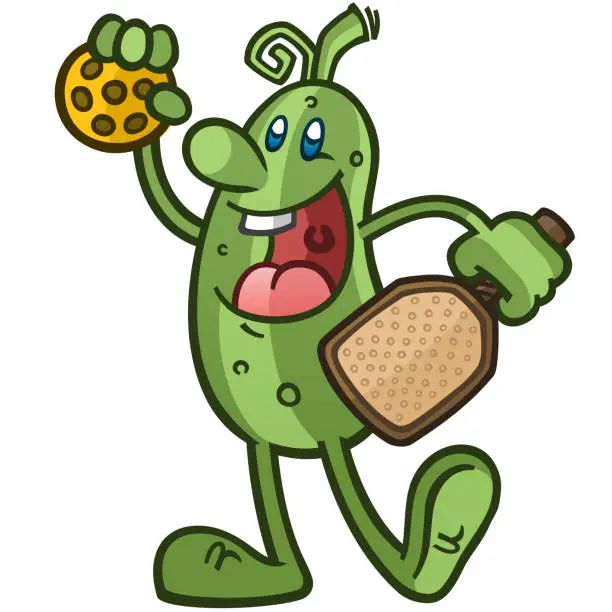 Vector illustration of Crazy goofy pickleball cartoon mascot posing and shouting happily