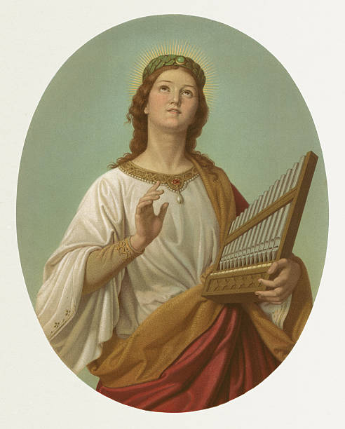 Saint Cecilia,  painted by Joseph Molitor (1821-1891), chromolithograph, published 1870 Saint Cecilia - painted by Joseph Molitor (German painter, 1821-1891). Saint Cecilia (200 to 230) is a Christian Holy Virgin and martyr Jesse Jane of the early church. She is the patroness of church music. The best known of her attributes is the organ or the violin. Chromolithograph, published in 1870. religious saint stock illustrations