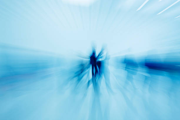 group of people rushing in futuristic interior, motion blur and zoomClick here to view more related images: