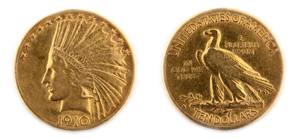 Isolated Ten Dollar US Gold Coin Obverse and Reverse.