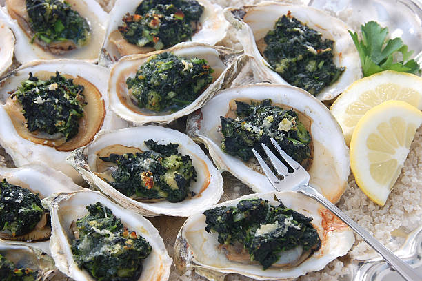istock A delicious Oysters Rockefeller with fork and lemon 171143892