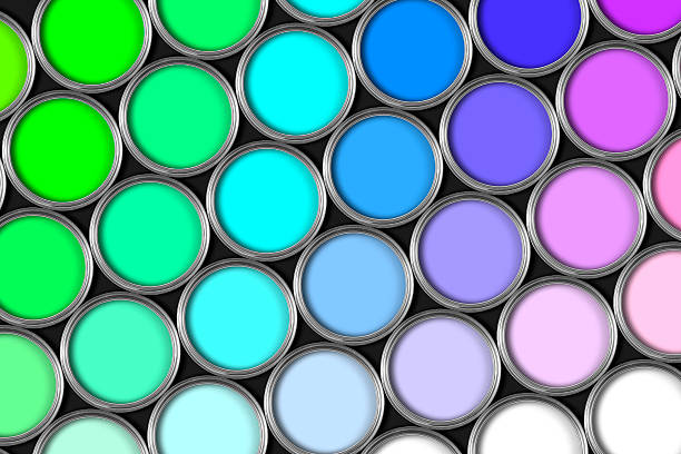 istock Rows of multi colored open paint tins on black 171143969