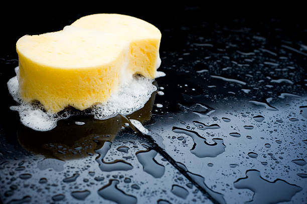 Detail of a sponge over a black car during a car wash A car in the process of being cleaned. bath sponge photos stock pictures, royalty-free photos & images