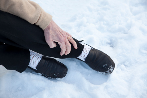 shot of legs only - senior woman with broken ankle following fall on icy track