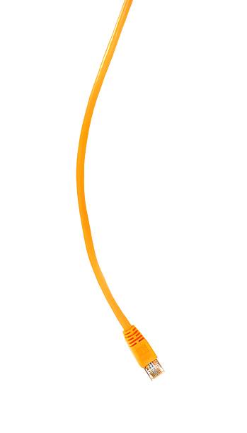 hanging down network cable on white orange droopy network cable, isolated on white background cable network connection plug computer cable internet stock pictures, royalty-free photos & images