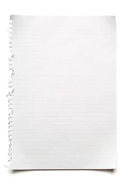 Photo of Blank lined sheet of paper on white