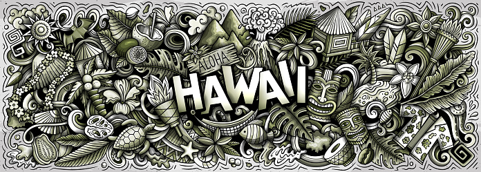 Vector illustration with Aloha Hawaii theme doodles. Monochrome banner design, capturing the essence of Hawaiian culture and traditions through playful cartoon symbols