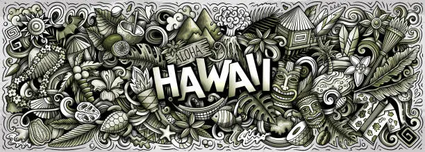 Vector illustration of Aloha Hawaii doodle cartoon funny banner