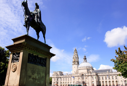 The Civic Centre and Town Hall Cardiff and statue commemorating the Charge of the Light Brigade
