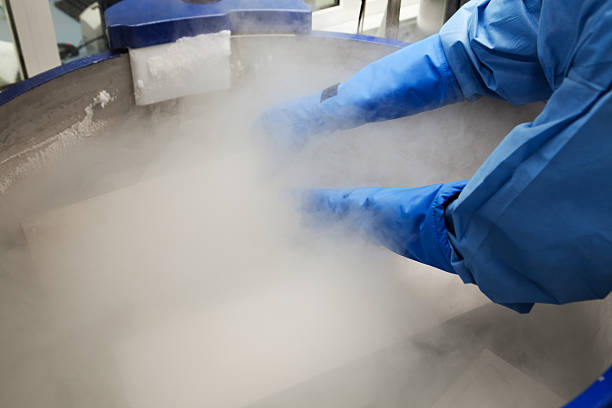 conteneur avec un liquide nitrogen.doctor en habit de travail - cryobiology photos et images de collection