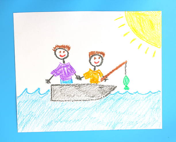 Father and Son Fishing Trip A child's drawing of a father and son fishing trip.   crayon drawing photos stock pictures, royalty-free photos & images