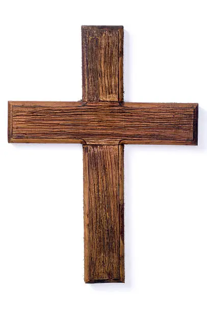 A wooden cross set on a white background. In this version, I have removed the hook and made the shadows lighter.