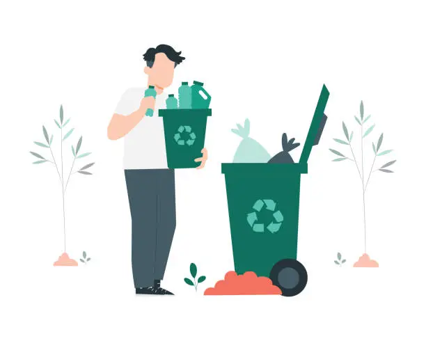 Vector illustration of Volunteer throwing garbage into trash can. Flat style vector illustration for sustainability practices and environment saving conceptual design.