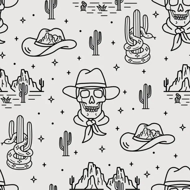 Vector illustration of Western Theme Vector Seamless Pattern. Wild west seamless Repeat Design. Boho Seamless Pattern
