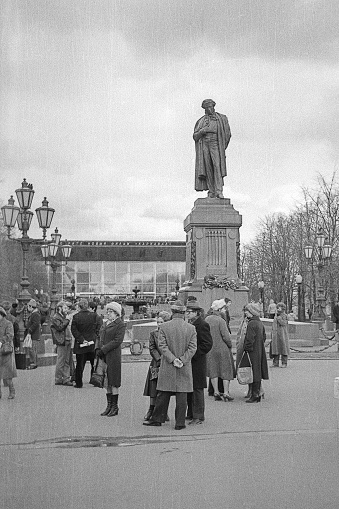 Moscow, USSR - April, 1982: Pushkin Square in Moscow. 35mm black and white film scan
