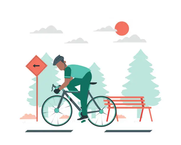 Vector illustration of Man riding a bicycle in the park. Flat style vector illustration for Sustainability practice life concept.