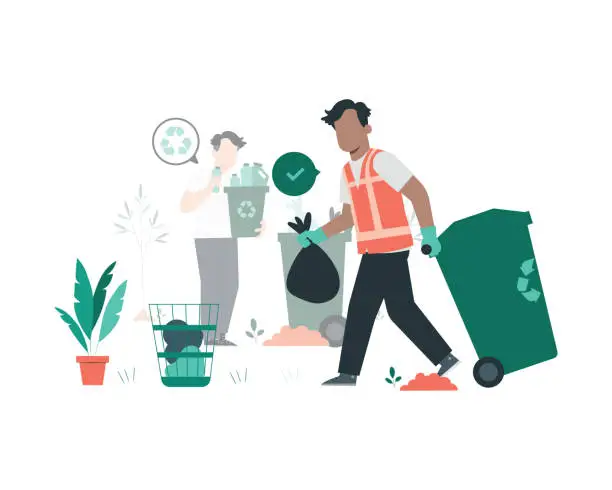 Vector illustration of Volunteer man and woman collect garbage. Flat vector illustration.