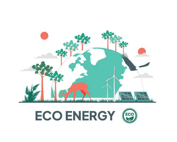 Vector illustration of Eco energy concept. Vector illustration in flat design style for sustainability practices concept.